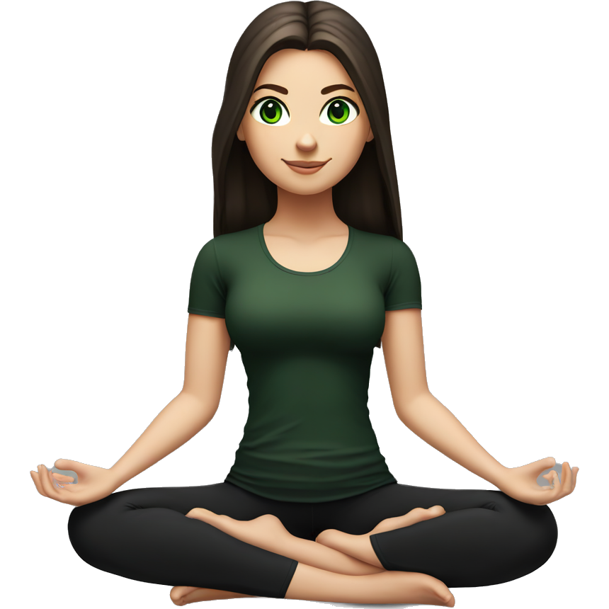 Beautiful white girl with perfect dark brown long hair and green eyes sitting in yoga pose with black outfit (short sleeve top)