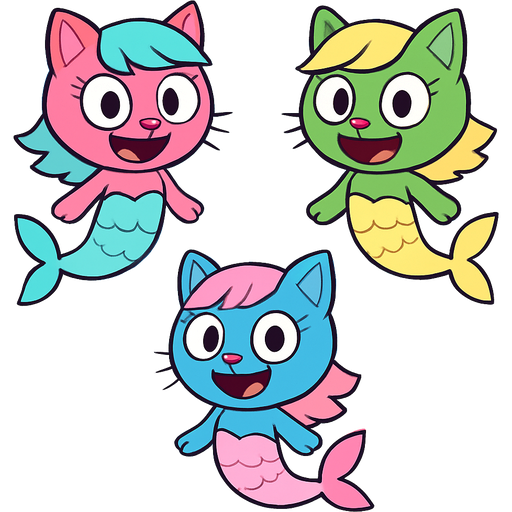 pink cat with light cyan hair a light cyan mermaid costume green cat with light yellow hair a light yellow mermaid costume blue cat with light pink hair a light pink mermaid costume happy tree friends version