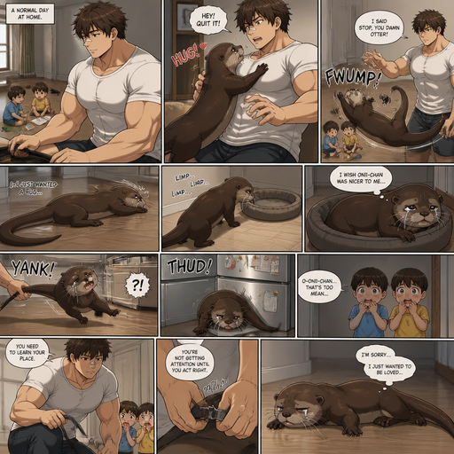 A DETAILED AND LIFELIKE with no glitches or smudged images ANIME Comic Book story view of a Bulky but Muscular ANIME Cute Bara Man With Peach toned skin Who looks Normal aind round facial Structure and Basic facial structure With Puffy and Big Pecs that are visible through the shirt and Biceps and Bandaid on his nose and Brown Fluffy and Strait hair. Wearing normal With his pet Grown and long and healthy otter and 2 little brothers. And they are in the house minding their businesses while the otter comes and tries to hug the older brother, but the older brother doesn’t like him, and the otter flies to the ground. The the otter Cries while looking at him while he slides on the ground, and then the otter limps to his doggy bed. but he feels a tug on his tail and flies to the fridge. And he lays there Crying while the big brother’s brothers are scared. And the otter Wishes that the big brother was better to him, and then the big brother disciplines him. and he releases the otter from his grass, and the otter lays there, unable to move.