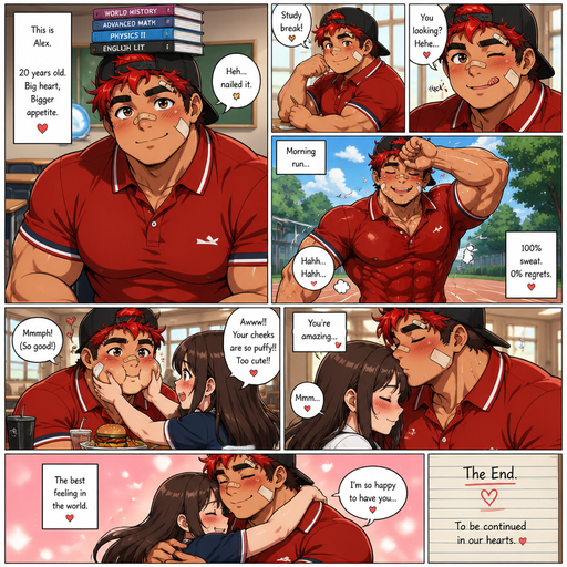 A Full page Anime Comic book story about of a masculine and Bulky ANIME Cute Bara Man American 20 year old with a ROUND and BASIC facial structure and TENAGE BARA CUTE MALE not to detailed With bigger than average Pecs that are visible through the shirt and Biceps and a big Bandaid on his nose and Left Cheek and Right Eye brow. Wearing a no piercings Baggy Cute and Perfect sized Polo shirt and Shorts and Scarlet Red Hair and Brighter Red Hair Tips and Strait with brown eyes and black eyebrows and a Backwards hat. Sitting down with his head still and his eyes looking up at you with a Hot, Cute and Dreamy smile And Balances Books on his head and doing other cute and Hot stuff in classrooms and Licking his lips Super Sweaty and Hot from his run outside And then Eating some food with his crush and she has cute aggression due to his puffy cheeks and the she squeezes his cheeks. And then he kisses her on the forehead and then she hugs him in happiness. Im so happy to have you