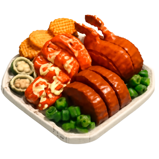 A giant seafood buffet with drizzle of sauces and chips and Chinese glazed duck and vegetables and a whole delicious meal