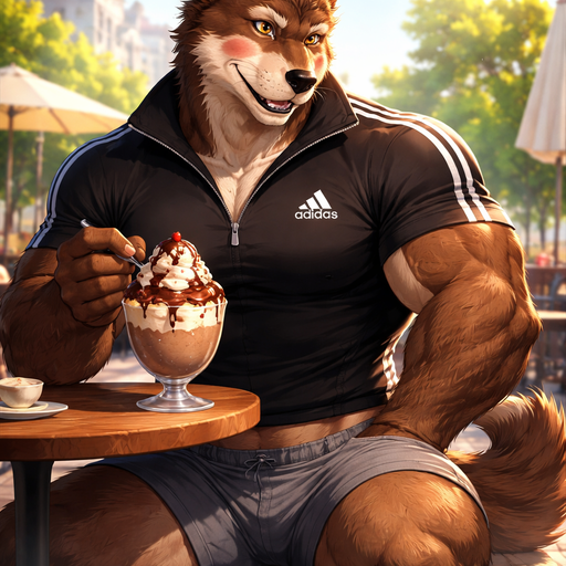 A Full Body Image of a Hunky and Chunky a Hot and Handsome Brown Wolf who is a Muscular but not to muscular Masculine and Handsome and Ginormous Arms and a Rounded Pecs Short Strait Hair. Wearing an Adidas Quarter Zip that is Short around the Waist and Shorts. Eating Ice cream with his crush at a table Blushing