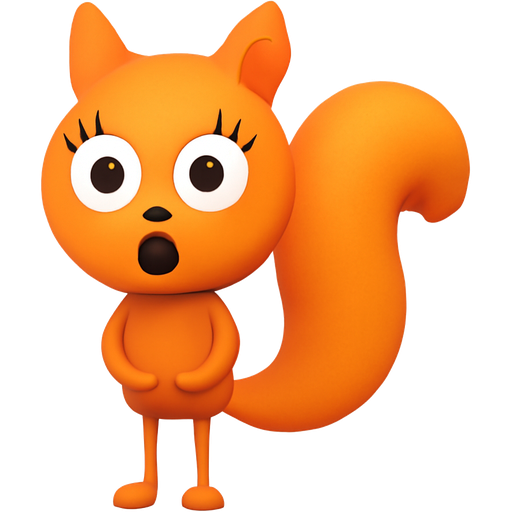 Orange squirrel with wight eyes and has a black middle that has a round circle mouth and no nose that is girl and has 3 eye lashes on each eye that stands with skinny legs and skinny arms and has a skinny body and round head with a chunk missing from one ear on the bottom of the right earand has a big bushy tail