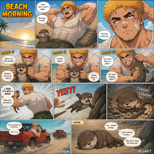 A Full page Anime Comic book story about of a Bulky ANIME Cute Bara Man American 20 year old with a ROUND and BASIC facial structure and Young Adult BARA CUTE that is Peach Toned skin not anything else MALE not to detailed With bigger than average Pecs that are visible through the shirt and Biceps and a big Bandaid on his nose and Left Cheek and Right Eye brow with Scars all over his Chest and arms. Wearing a White baggy shirt and jeans that is tight around the waist and Baggy Camo Cargo pants drenched in sweat and Short and yellowish orange Hair and Bright Gold Fluffy Hair and Strait with brown eyes and black eyebrows with a Three finger Slash on his Eyebrow. With no Facial Hair. Waking up in the morning at the Beach and his pet Baby CUTE Otter but Excessively bully’s it and the otter always thinks it’s a joke until the owner threw him at a rock and the otter coughs and he drives away but the otter lays and feels regret