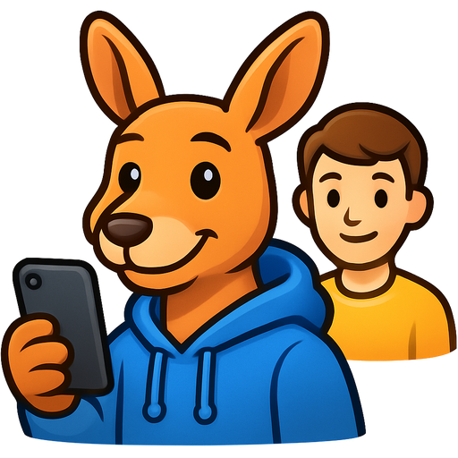 A cartoon kangaroo as the main character in iPhone emoji style. The kangaroo is wearing a hoodie and holding a smartphone. A young guy appears subtly in the background or beside the kangaroo. Clean lines, bright but balanced colors, emoji-style proportions. Playful yet confident mood. Minimal background, optimized for a Telegram channel avatar. No text.