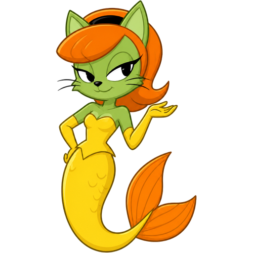 green cat anthro with yellow dress attached to long yellow mermaid tail with orange fins yellow gloves orange hair based on kitty katswell