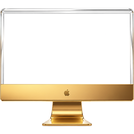 Ultra-realistic 8K render of a luxury gold all-in-one desktop computer inspired by a modern Apple iMac design, shown perfectly face-on in a centered, symmetrical composition. The device features a premium polished metallic gold body with a slim, seamless unibody construction, precision-milled edges, and flawless high-end craftsmanship. The display area is completely transparent, designed like a crystal-clear glass frame with no visible interface or content, allowing visibility directly through the screen while still maintaining the proportions and structure of a real iMac display. The transparent glass has subtle light refraction, realistic thickness, and soft reflective highlights along the edges, giving a futuristic luxury aesthetic. The stand is elegantly sculpted from matching polished gold metal, with smooth curves, weighted stability, and ultra-precise engineering. The entire structure is perfectly balanced and minimal, with hidden seams and immaculate detailing throughout. Cinematic studio lighting with soft diffused highlights, ray-traced reflections, shallow depth of field, DSLR-quality product photography style, ultra-sharp focus, hyper-realistic rendering, Apple-style advertising aesthetic, luxury tech branding vibe, no imperfections.