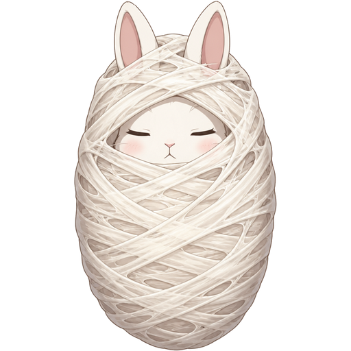 cartoon illustration of a rabbit tightly wrapped up Cocoon Structure: A rabbit is completely bundled in light-colored web or cloth.