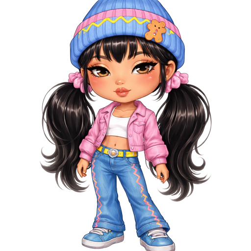 Ginger Snap from Strawberry in an intense Polished Shine in a Diffused Lighting with a Neutral Amber Skin Tone and a Blue Beanie with a Pink Stripe in the Center and a Yellow Squiggly Zigzag in the Middle of it and a Small Gingerbread Clip on the Flipped up Part of the Beanie with Jet Black Hair Tied into Ponytails with Pink Scrunchies on both sides of the hair with the Length of the Hair Being Long with a Petite Shape and V- Shaped Bangs with Downward-Turned Lips with a Lifted Eyelash Finish Having a Cinnamon Matte Lipstick Style With a Candlelight Golden Glow Makeup Defiance In Which the Eyebrows Are Tapered, Monolid Eyes Shape with a Turned- Up Nose and a Diamond Face Shape With A White T-Shirt and Pink Jean Jacket with Blue Long Jeans with a Pattern of a pink Stripe and a zigzag going down the middle on the bottom of them Wearing Blue Denim Sneakers and a Yellow Belt with a Silver Heart Buckle