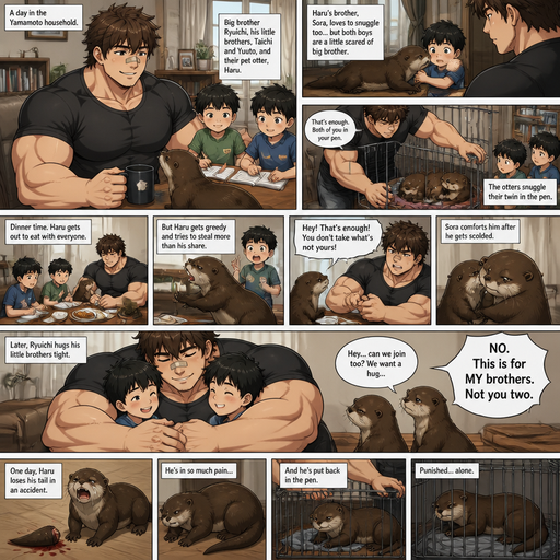 A DETAILED AND LIFELIKE ANIME Comic Book story view of a Bulky but Muscular ANIME Cute Bara Man With Peach toned skin Who looks Normal aind round facial Structure and Basic facial structure With Puffy and Big Pecs that are visible through the shirt and Biceps and Bandaid on his nose and Brown Fluffy and Strait hair. Wearing normal With his pet Grown and long and healthy otter and 2 little brothers that are in Late elementary grades. And they are in the house minding their businesses, And the otter’s brother snuggles them too but both are scared of the bigger brother. And the brother puts him the otter in his pen. And the otter Snuggles his twin in the pen. And the Otter gets out to eat dinner and disciplines him for being greedy and his twin otter comforts. And has a shoulder to cry on. And the big brother snuggles his little brothers in on hug Cause of his big frame and Huge Arms and the otters feel left out and ask if they can join but the big brother says no fiercely. And an otter looses his tail. And the otter is put in the pen