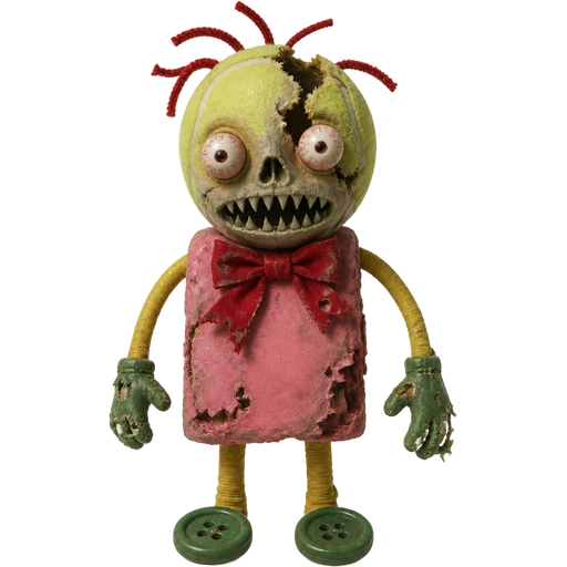 broken tennis ball head red pipe cleaner hair bloodshot eyes skull like nose shark mouth with rotten melted pink eraser body torn red bowtie yellow legs and arms green torn gloves green button feet
