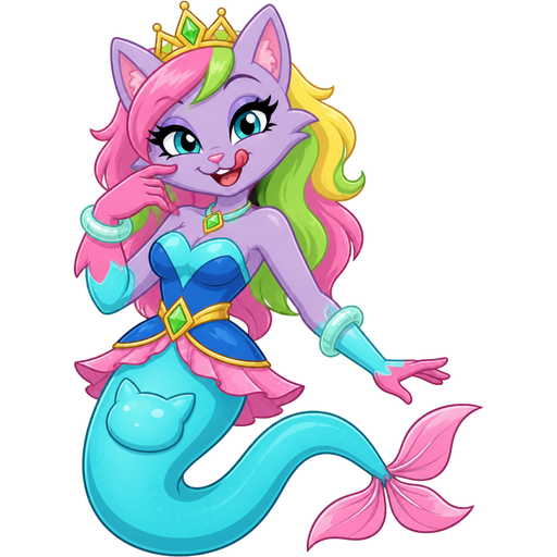 light purple anthro cat smiling licking with pink and green and yellow hair blue green eyes golden crown with light green necklace light cyan braclets cyan and blue dress with pink skirt attached to long cyan mermaid tail with cat shaped bulge with pink tail fins like a snake pink and cyan gloves