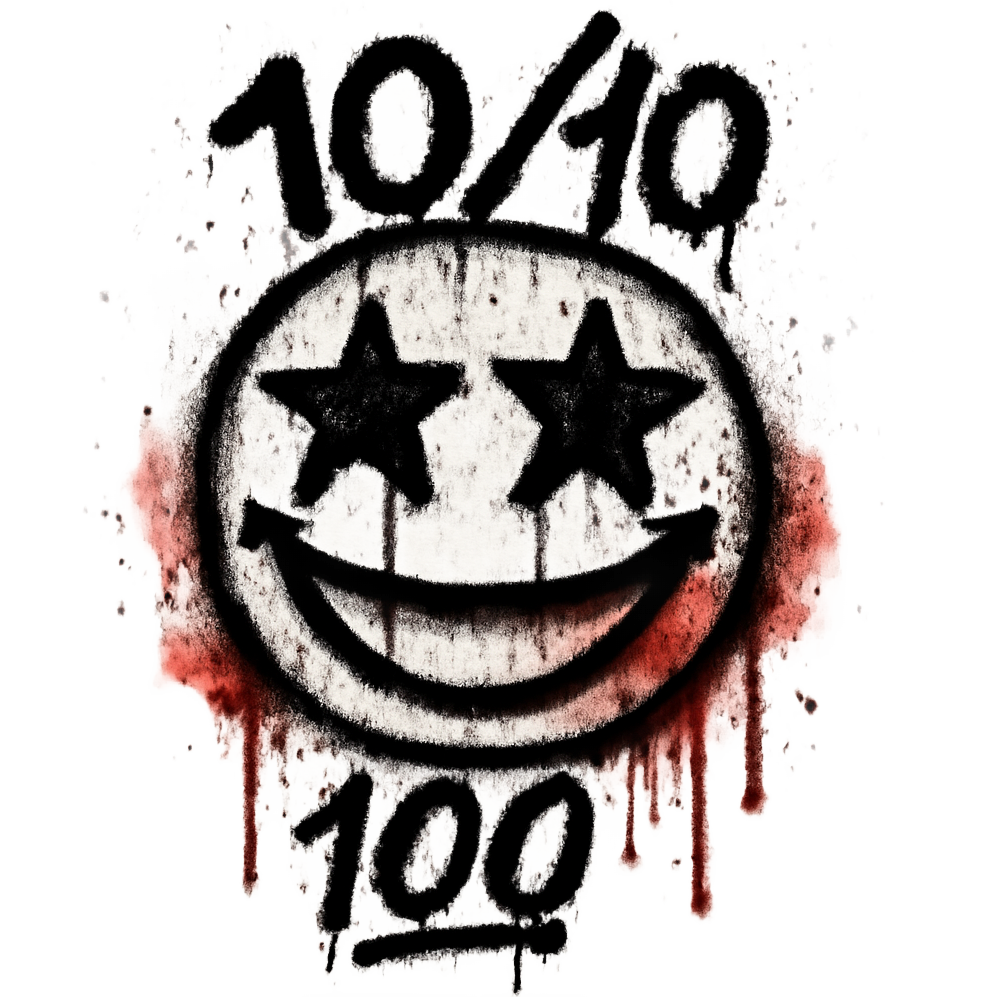 Abstractly dark, edgy, funky, macabre, gritty, lurid rating for a “10/10 Star Rating” or “Perfect 🤩💯”. Dripping blood. Graffiti funky grunge. Watercolour blood.