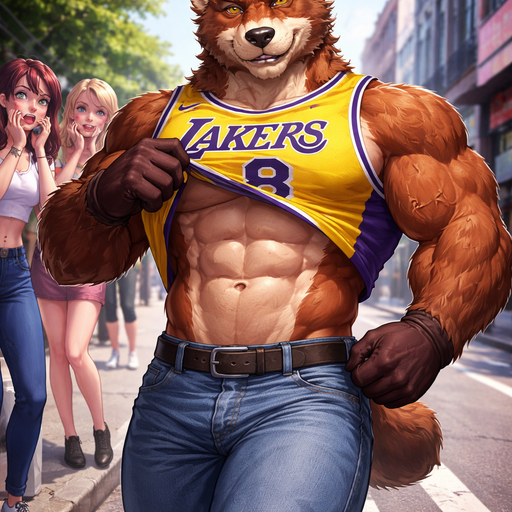 A Full Body Image of a Hunky and Chunky Bear Bara Furry Bodybuilder who is a very Masculine and Handsome with Ginormous Arms and a Rounded and Wide Chest Short Strait Hair Wearing a Lakers Basketball Jersey that is Fairly Short around the Waist and Jeans. Walking on the street. Lifting his shirt and making girls in the corner blush