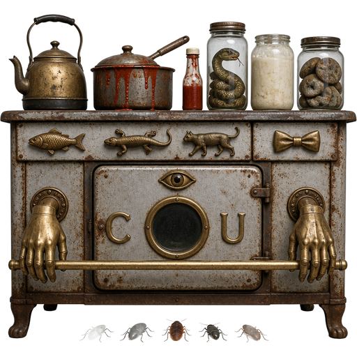vintage oven with fish handle lizard handle cat handle bowtie handle with a door with brass eye brass c and brass u old kettle pot red sauce bottle snake in jar curdled milk jar of moldy cookies human brass hands holding hand rail 5 bugs in line
