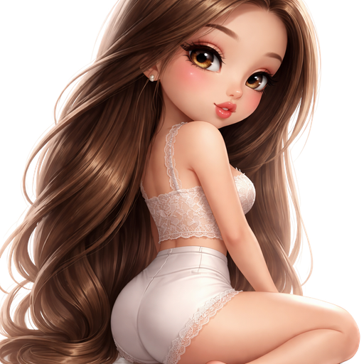 chibi girl: back view sitting looking over shoulder blowing a raspberry with hair completely swept over shoulder: semi-realistic soft cartoon luxury glam, mini plush Bratz-doll aesthetic, cinematic glow, crisp clean detail, glossy glam skin. brown eyed Petite 5ft girl, fair skin with soft freckles, wide face with tall forehead, honey-brown almond wide-set upturned eyes, fluttery lashes, shimmer highlight, plush lips, bottom heavy lip, sweet Belle-princess vibe, long straight brunette hair with visible caramel highlights, side-part hair all swept to the side over shoulder softly defined feminine body, full round bust, wearing fitted lace-trim top with delicate floral pattern, high-waisted smooth fabric bottoms, monochrome palette. full body showing. Cozy romantic glow, soft warm lighting, pop-princess energy
