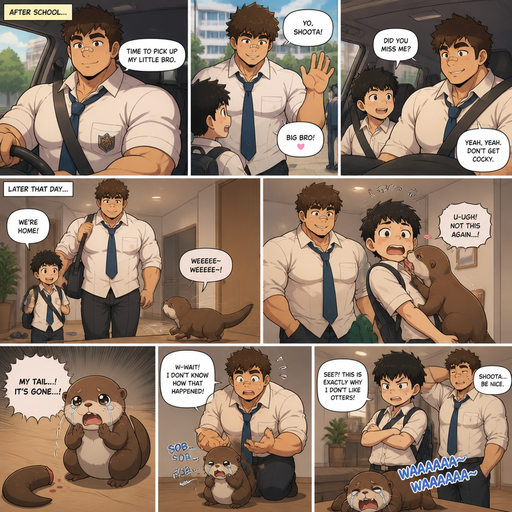 A ANIEM Comic Book story view of a Bulky but Muscular ANIME Cute Bara Man With Peach toned skin Who looks Normal aind round facial Structure and Basic facial structure With Puffy and Big Pecs that are visible through the shirt and Biceps and Bandaid on his nose and Brown Fluffy and Strait hair. Wearing a baggy school uniform. At a school and driving and coming to pick up his brother and He picks his brother up and They come home to there pet otter Cuddling his brother but he doesn’t like the otter. And the otter looses his tail and Cries