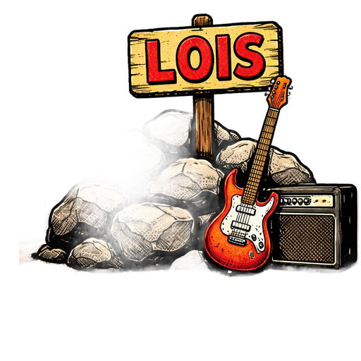 On a theatre stage there is A pile of large, jagged rocks. There’s a named signpost that reads “Lois”. There is also an electric guitar leaning against the sign and an amplifier sitting underneath it