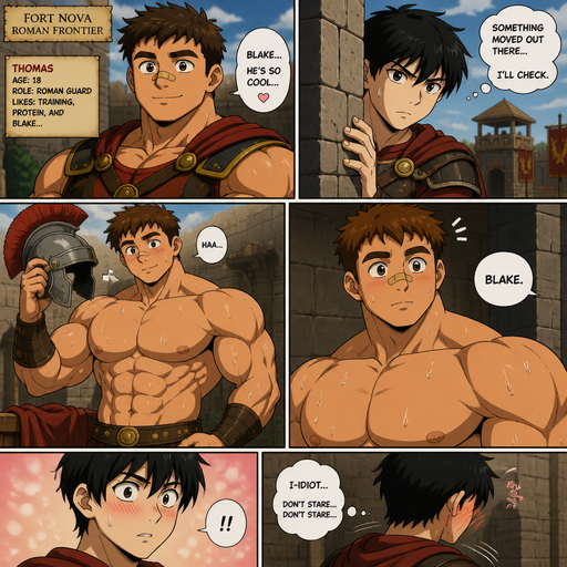 An ANIME Comic book story of a Bulky and muscular TEENAGE ANIME Cute Bara Man Who looks Normal and American with a round facial Structure and Basic facial structure With Big Pecs and Biceps and Bandaid on his nose. As a Roman Guard and the Perfect Physique and named Thomas and has a huge crush on Blake. With Blake a Skinny and small Roman Guard. Blake Looks around the corner on high alert as a Roman Guard and then Sees Thomas Taking off his helmet and drenched in sweat. And then Thomas looks at Blake then Blake turns around blushing