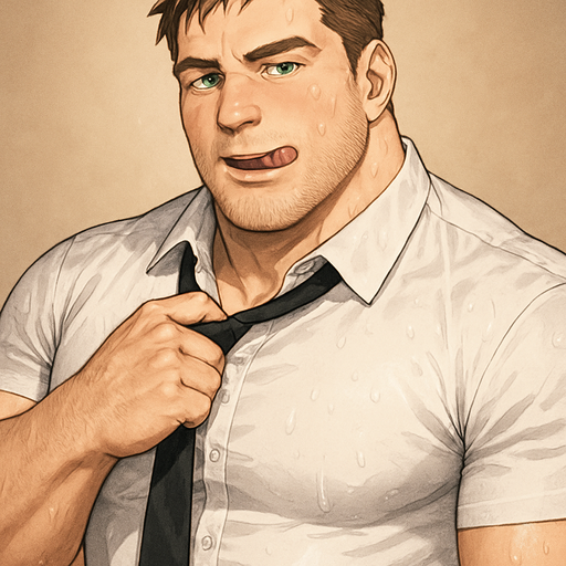 A Buff Huge White Guy With Brown Hair and Green Eyes in A White Button up shirt Drenched in Sweat Pulling A Black Tie Licking his Lips