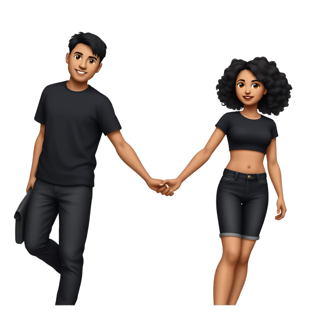 A boy and a girl holding hands. The girl is wearing a black crop top and black short jeans. The man is wearing a black crop top and black pants. His hair is black. The girl has curly black hair.