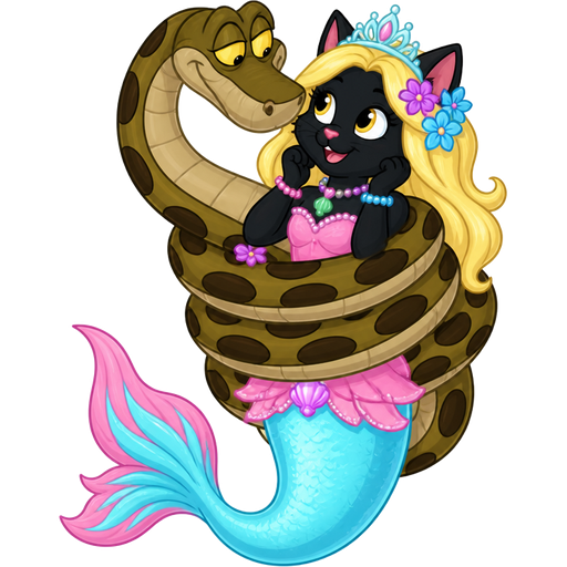 black cat with light yellow hair purple and blue flowers light cyan crown purple and green necklace pink and blue bracelets pink dress attached to long light cyan mermaid tail with pink fins based on kaa wrapped around Mowgli with long light cyan mermaid tail with pink fins