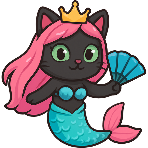 black cat pink long hair crown green eyes very long cyan and white mermaid tail with pink fins swimsuit cyan fan character emoji, expressive cute style