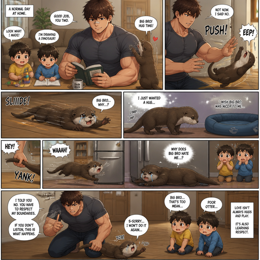 A DETAILED AND LIFELIKE ANIME Comic Book story view of a Bulky but Muscular ANIME Cute Bara Man With Peach toned skin Who looks Normal aind round facial Structure and Basic facial structure With Puffy and Big Pecs that are visible through the shirt and Biceps and Bandaid on his nose and Brown Fluffy and Strait hair. Wearing normal With his pet Grown and long and healthy otter and 2 little brothers. And they are in the house minding their businesses while the otter comes and tries to hug the older brother, but the older brother doesn’t like him, and the otter flies to the ground. The the otter Cries while looking at him while he slides on the ground, and then the otter limps to his doggy bed. but he feels a tug on his tail and flies to the fridge. And he lays there Crying while the big brother’s brothers are scared. And the otter Wishes that the big brother was better to him, and then the big brother disciplines him