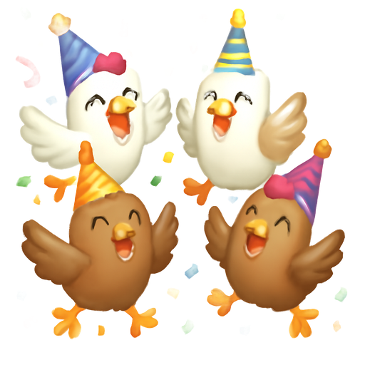 Excited happy classic white/ brown chicken emojis in a group, with confetti all around them, wearing party hats jumping and celebrating
