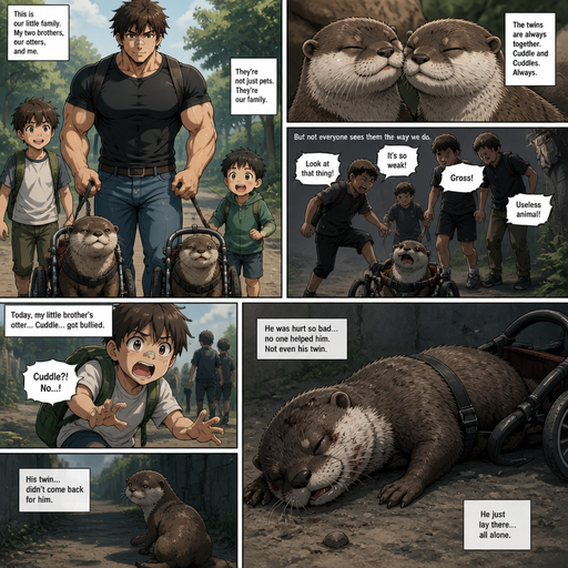 A DETAILED AND LIFELIKE ANIME Comic Book story view of a Bulky but Muscular ANIME Cute Bara Man With Peach toned skin Who looks Normal aind round facial Structure and Basic facial structure With Puffy and Big Pecs that are visible through the shirt and Biceps and Bandaid on his nose and Brown Fluffy and Strait hair. Wearing normal With his pet Grown and long and HEALTHY, CUTE AND REALISTIC OTTERS in Dog Wheel Chairs and 2 little brothers that are in different ages but young. And they See twin ottercuddle with them. One of the Brother’s otter got excessively bullied. And Lays there after bullied by the human Brother’s. And had no one not even his twin