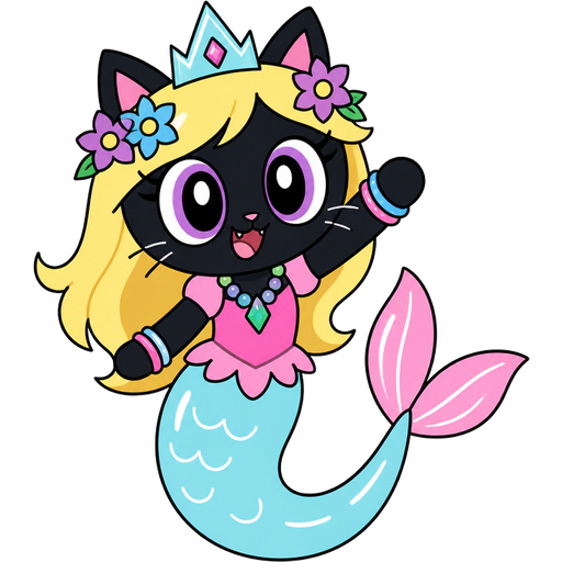 black cat with light yellow hair purple and blue flowers light cyan crown purple and green necklace pink and blue bracelets pink dress attached to long light cyan mermaid tail with white highlights with pink tail fins with white highlights in cartoon network styles 1 mighty magiswords 2 adventure time 3 unikitty! 4 powerpuff girls 5 we bare bears 6 hi hi puffy amiyumi 7 robotboy