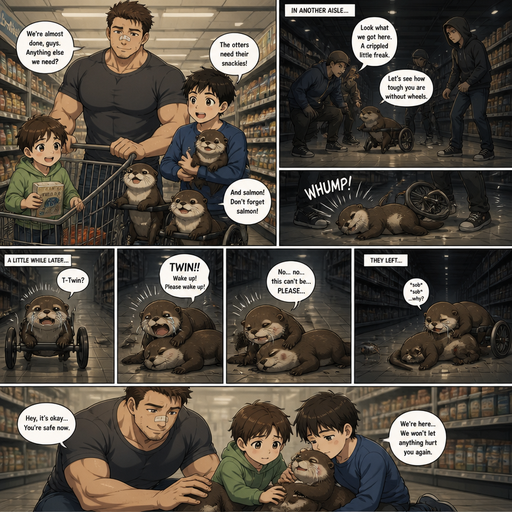 A DETAILED AND LIFELIKE ANIME Comic Book story view of a Bulky but Muscular ANIME Cute Bara Man With Peach toned skin Who looks Normal aind round facial Structure and Basic facial structure With Puffy and Big Pecs that are visible through the shirt and Biceps and Bandaid on his nose and Brown Short and Strait hair. Wearing normal With his pet Grown and long and Owns HEALTHY, CUTE AND REALISTIC OTTERS in Dog Wheel Chairs and 2 little brothers that are in different ages but young. At the grocers store, And their otters cuddle. One of the otter getting shakedown by humans. it was in another aisle, so nobody was there. And it ends up laying on the floor and when his twin rolled up to him and saw he cried for a long time but they left him and was sad and the boys comorted the otter for his loss twin