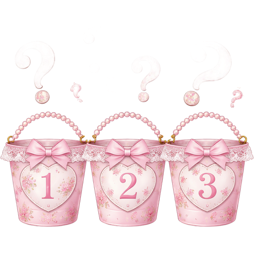 3 pink heart LoveShackFancy fancy buckets in a row that are numbered 1,2, and 3 vintage question marks all around them