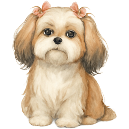 Hazme una perrita shihtzu con el pelaje blanco y café en el cuerpo, las orejas café claro y las puntas café oscuro y que esté sentada con una carita tierna y con moñitos en la cabeza y que no se vea tan bebé, con un pelaje largo