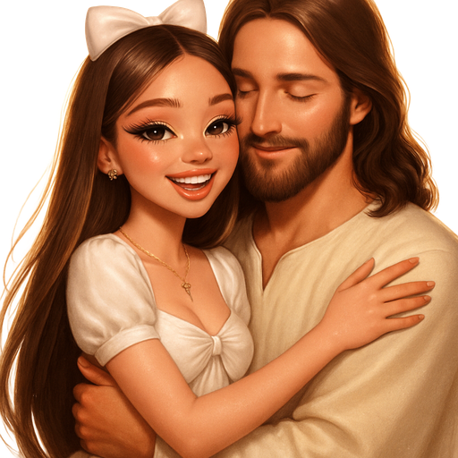hugging JESUS: luxury glossy bratz-anime romantic aesthetic, warm cinematic glow, crisp clean detail, glossy glam skin. petite girl, soft-autumn tone, fair skin, honey-brown almond eyes, soft freckles, round moderate bust, sweet Belle-princess vibe, very long brunette honey balayage hair with visible light honey blonde highlights, white bow-front top + pleated skirt, mood: ecstatic, hair: silky straight middle part pinned front pieces, makeup: soft matte doll look warm contour nude gloss baby wing, jewelry: crystal studs dainty cross necklace tiny hoop stack, pop-princess energy, shimmer highlight, sparkly glow