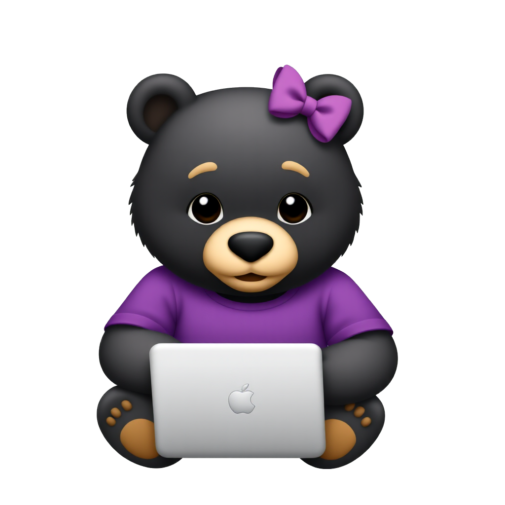 Cute black grizzly bear with purple shirt sitting with a laptop and bow in her ear like a girl verison
