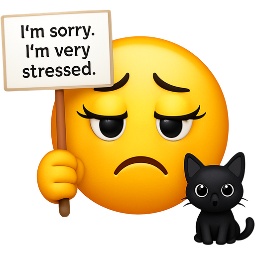 a pretty frustrated emoji with eyelashes holding a very small sign with small writing that says I’m sorry. I’m very stressed. With a small black cat next to it.