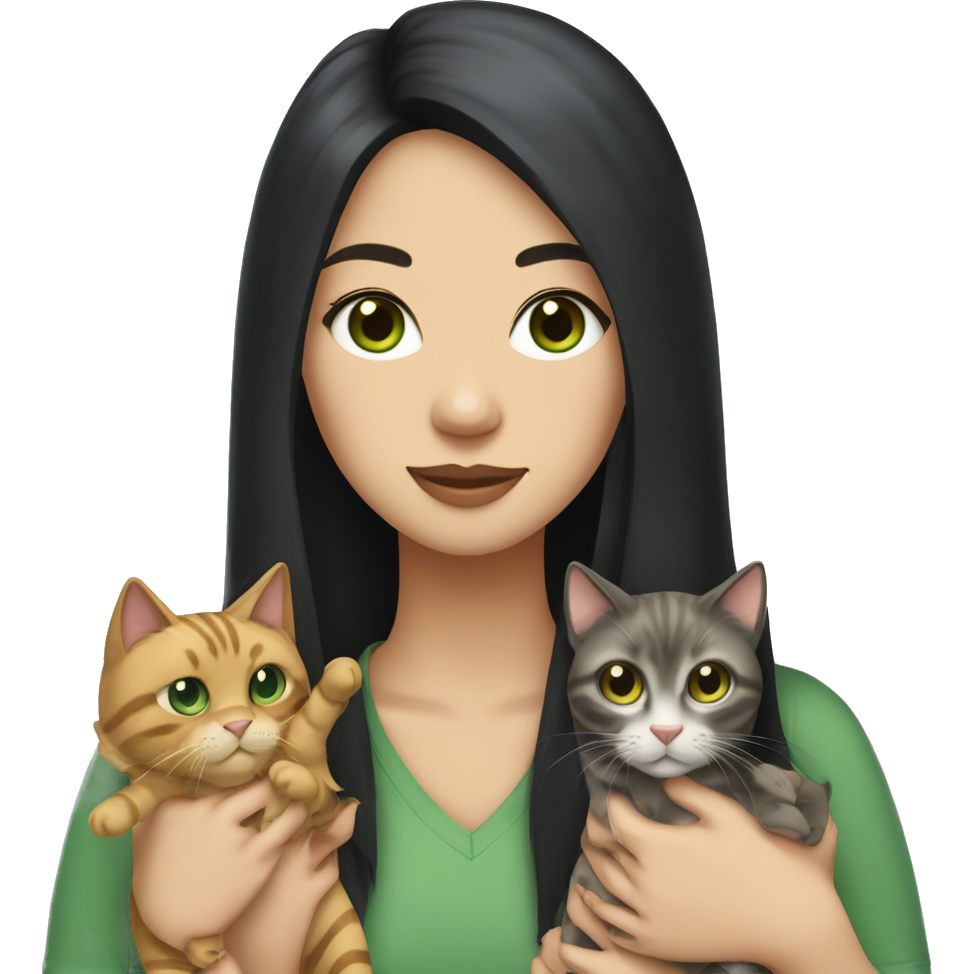 A Asian woman with long straight black hair and green eyes,she hold three cats,one ragdoll cat and two golden bengal cats