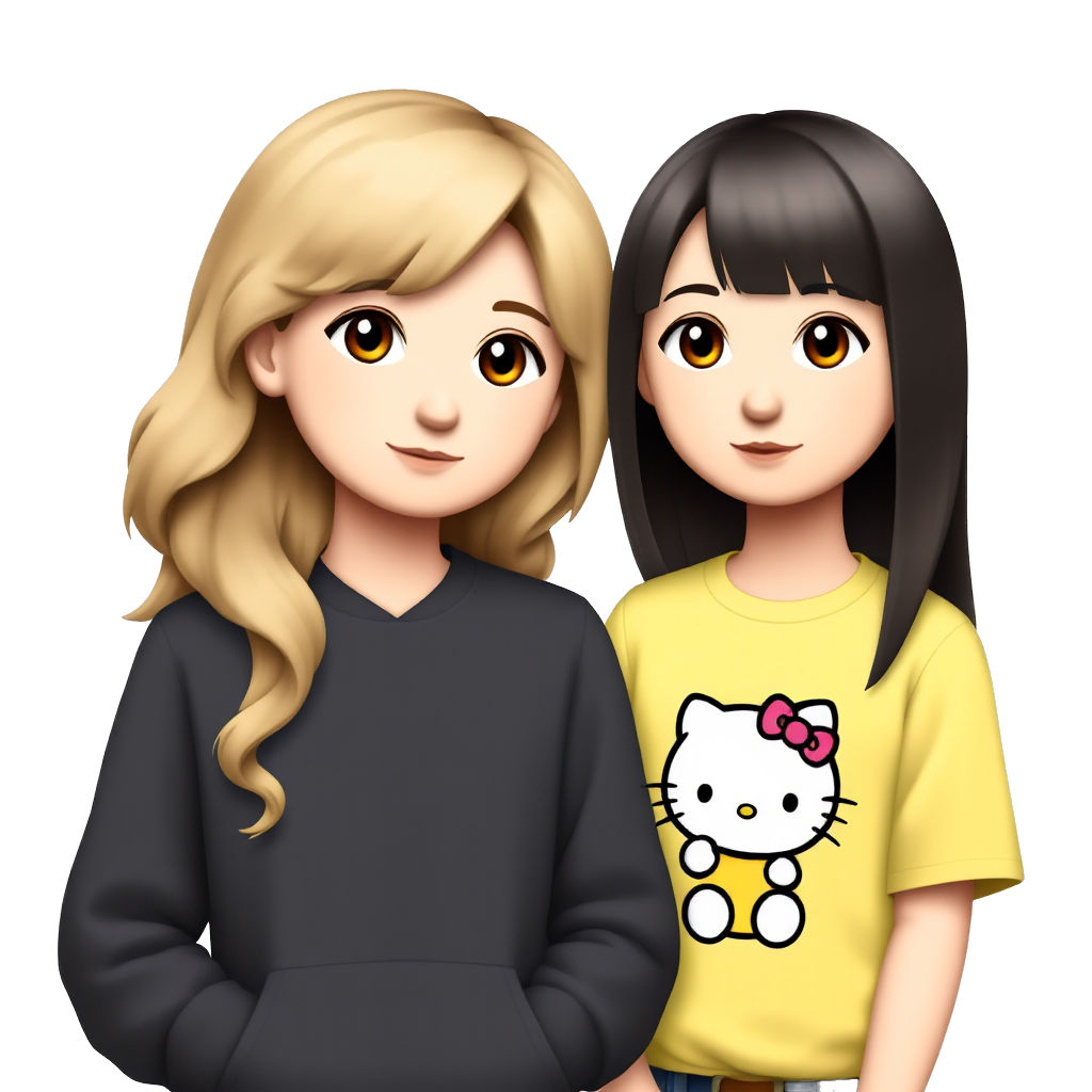 two girls one dirty blond with wavy hair wearing a black sweatshirt one with straight dark brown hair no bangs wearing yellow shirt with hello kitty on it