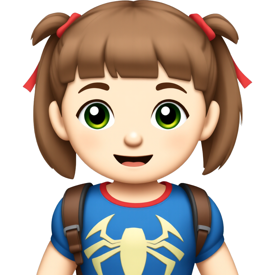 Cute girl with spider-man shirt and brown hair in pigtails with red ribbon around pigtails and green eyes with a missing tooth