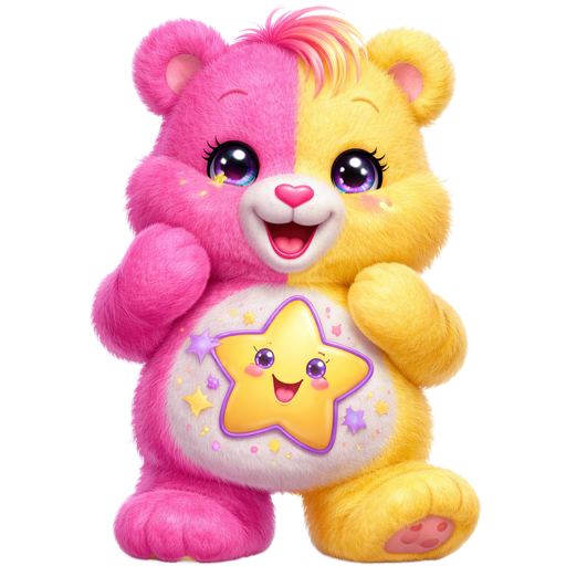 Silly Star Care Bear with Hot Pink and Yellow Ombré Mixed Fur One side of the head is Hot Pink the other side of the head is yellow one arm is yellow the other is Hot Pink one leg is Hot Pink and the other leg is Yellow with A Pink Smiling Star with a Purple outline and a Yellow Tongue with a Purple smile with the same colored Eyes and Yellow Cheeks Hugging a Yellow Star with a Purple outline with Pink Tongue and Cheeks Purple Eyes and Smile with Pink, Purple and Yellow Twinkles and Dots Surrounding it on the stomach Covered in Gold Stars and Dots With Yellow inside one ear and pink inside the other ear with Pink Tufts of hair and a yellow streak in it with a Pink Heart Nose
