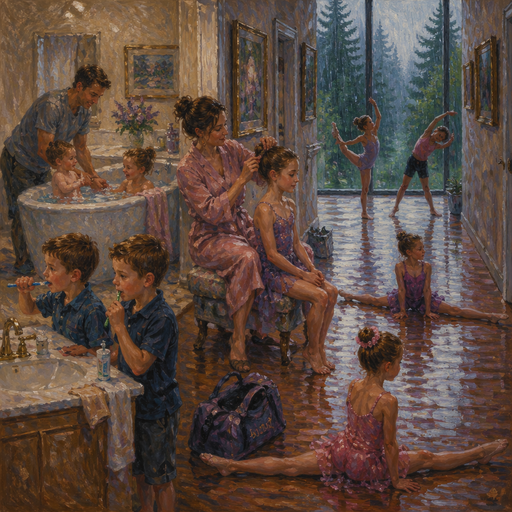 give me a mom brushing her daughter‘s hair so she can get ready for her dance competition and the Dad is giving the toddler and the baby a bath. The two sons are brushing their teeth. The two daughters are stretching and the other two daughters are doing the splits in the hallway rainy forest view.