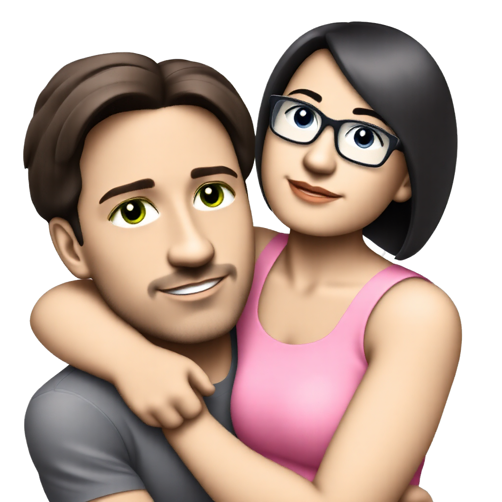 Tan male with green eyes, brown hair, brown beard, and glasses wearing a t-shirt and silver chain around his neck hugging a tan female with light blue eyes, black hair, and glasses wearing a pink tank top shirt
