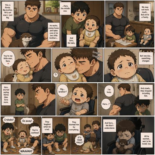 A DETAILED AND LIFELIKE LONG Anime Comic Book story view of a Bulky but Muscular ANIME Cute Bara Man With Peach toned skin Who looks Normal aind round facial Structure and Basic facial structure With Puffy and Big Pecs that are visible through the shirt and Biceps and Bandaid on his nose and Brown short hair that makes them look tough. Wearing normal With his pet Grown and healthy realistic otter and 2 little brothers that are in different ages but young. At the house And the baby with his cute clothes on and already holding his hand he picks the little baby from his Wheelchair and Snuggles the baby and the baby got sad and it goes in a Wheel chair and doesn’t like the baby anymore and the baby doesn’t understand and it gets excessively bullied