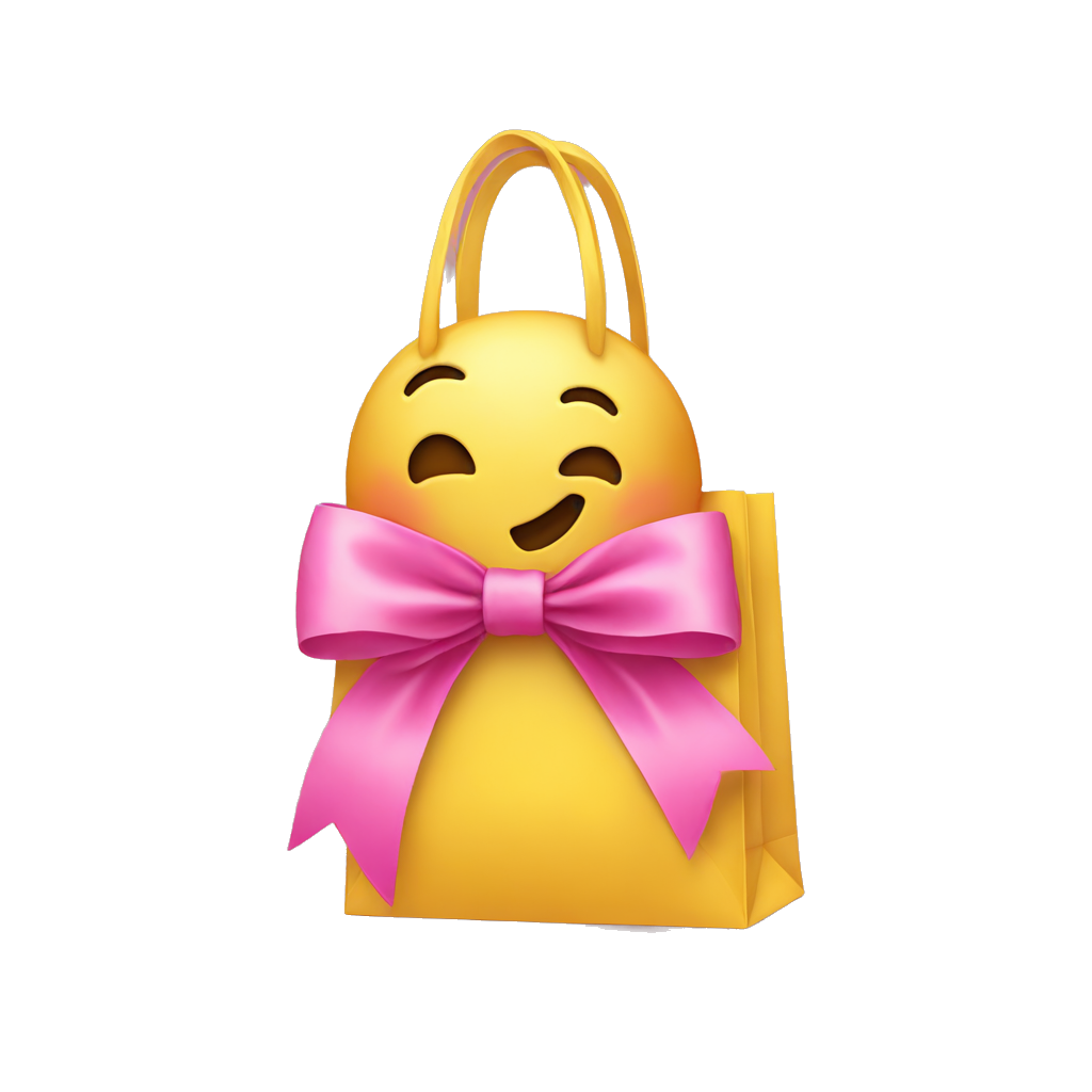 a yellow emoticon with a pink bow holding a shopping bag