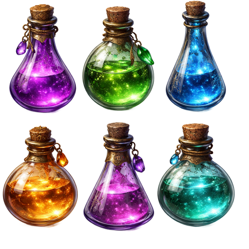 Ultra-detailed glass potion bottles of varying shapes and sizes, designed to look ancient and mystical. Bottles are slightly weathered with subtle cracks, faint etchings, or embossed arcane symbols on the glass. Filled with glowing neon liquids in rich, magical colors like deep violet, emerald green, sapphire blue, and molten gold, swirling as if alive. Liquids emit a soft, magical glow that subtly lights the surrounding glass. Bottles feature aged cork stoppers or ornate metallic caps with tiny mystical charms or runes. Style is high-resolution, semi-realistic with smooth 3D shading, glossy reflections, and cinematic, mystical lighting