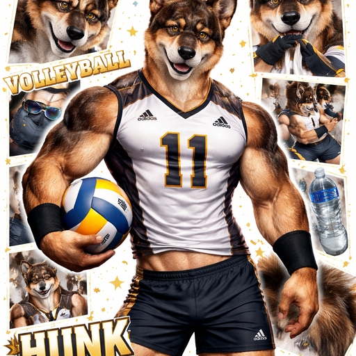A Full Body and Facial Wallpaper of a Hunky and Chunky a Very Hot and Handsome German Shepard mixed with a Australian Shepard bara furry who is a Volleyball College player and Extremely muscular but not to muscular and Extremely Masculine and Handsome and Ginormous Arms and a Rounded Pecs very Short Strait Hair but tall and a little bit lean. Wearing Tight Adidas Volleyball Jersey that is short at the waist with Armbands. Posing for a picture holding a Volleyball