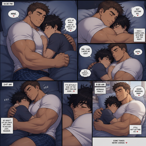 An Anime comic book of a big and tall but Muscular and more Muscle than Fat ANIME Man Who looks Normal and American with a round facial Structure and Basic facial structure With Puffy and Big Pecs that are visible through the shirt and Biceps. Wearing a White shirt and Pajama shorts. Sleeping with his Boyfriend and he Cuddles him. And He squeezes him and Doesn’t let go until morning