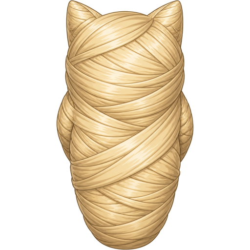 wrapped up and mummified fully covered in a blonde hair cocoon shaped like cat with arms behind back with blonde completely covered with thick layers non-transparent blonde hair blonde hair
