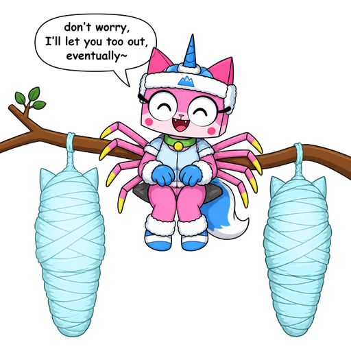 wrapped up and mummified fully covered in a #B8FFFF spider slik cocoon shaped like female anthro yellow cat anthro mmmph! with arms behind back with #B8FFFF spider slik wrappings completely covered with thick layers non-transparent #B8FFFF spider slik wrappings hanged to the branch on the left side next to wrapped up and mummified fully covered in a #B8FFFF spider slik cocoon shaped like female anthro yellow cat girl anthro mmmph! behind back with #B8FFFF spider slik wrappings completely covered with thick layers non-transparent #B8FFFF spider slik wrappings hanged to the branch on the the right side next to happy male anthro furry pink cat with blue and white tail white wrists blue hands white ankles yellow tips on eight spider like legs green collar blue unicorn horn based on unikitty wearing everest's hat and clothing sitting on a branch don't worry, I'll let you too out, eventually~